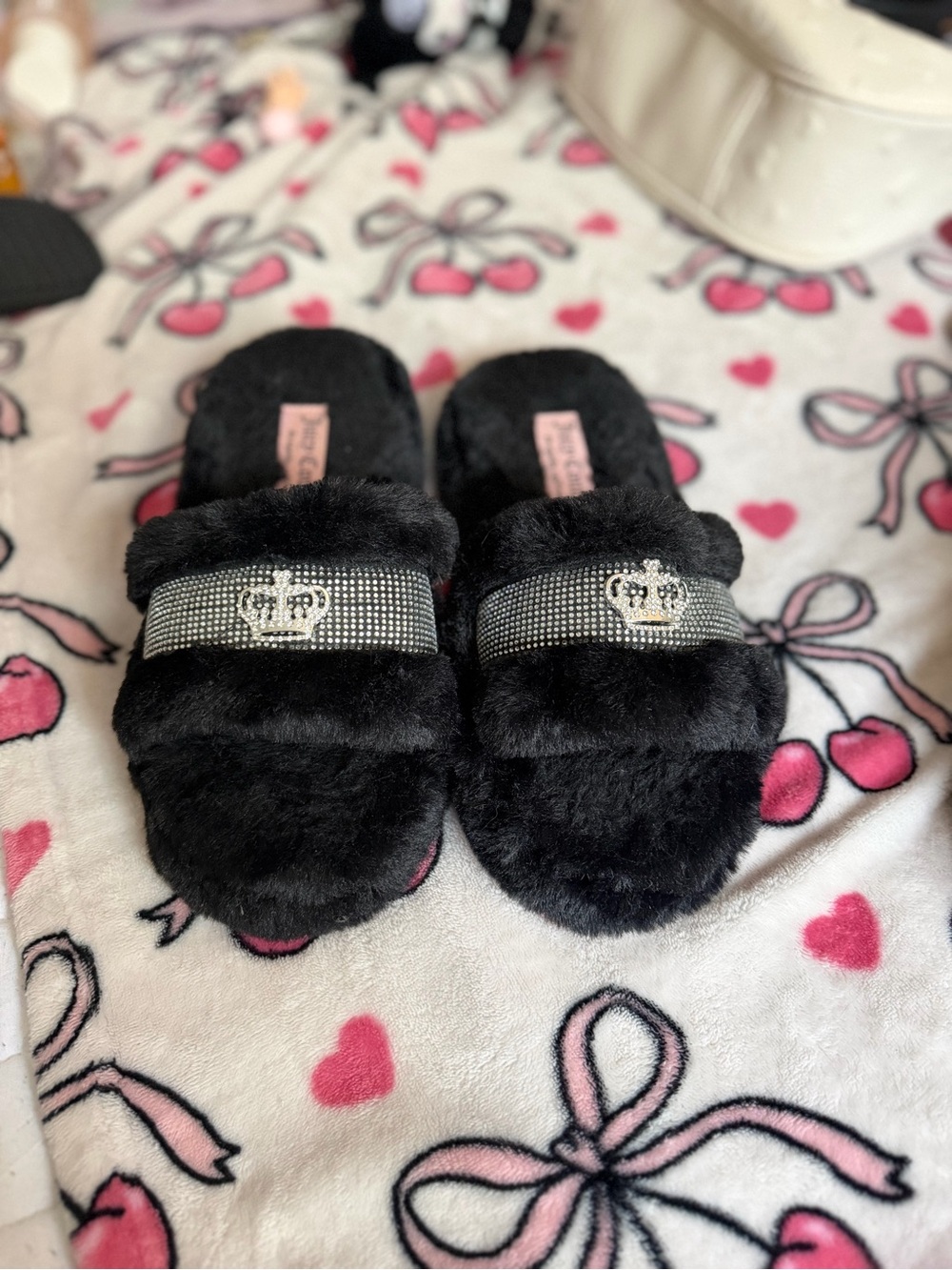 Juicy Couture Black Faux Fur Slide Slippers with Crystal Crown